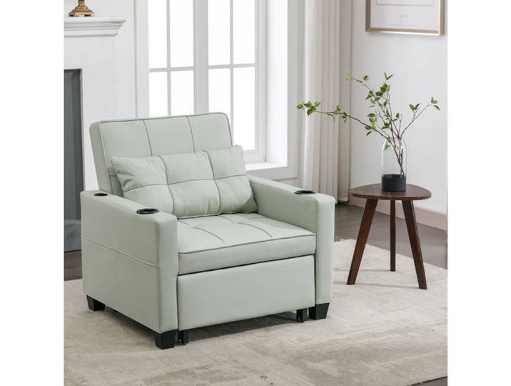 MEULVA Canapé convertible 1 place 3-en-1 simili cuir vert clair avec USB porte-gobelets et accoudoirs