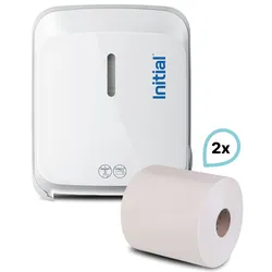 SET: Papierrollenspender Signature ShortCut SENSOR, berührungslos, weiß u. Silber +2Premium Handtuchrollen, Rentokil INITIAL