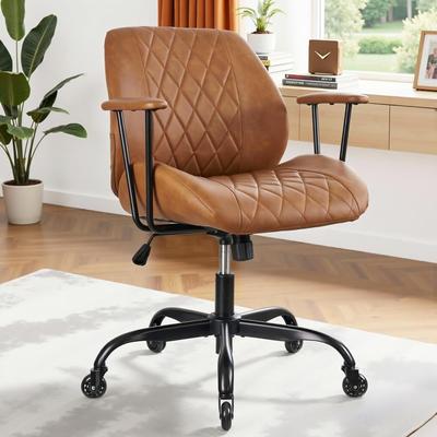 Javlergo Brown PU Leather Office Chair Adjustable Height 360° Swivel Task Chair with Armrests Ergonomic Computer Chair for Study