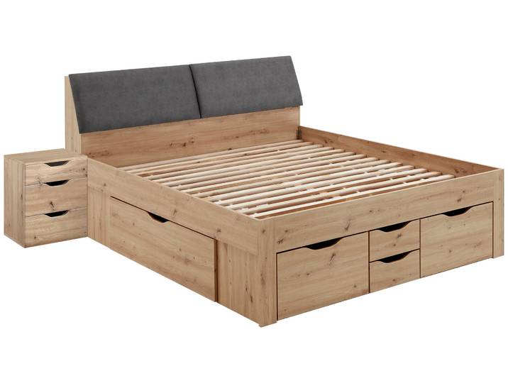 Stauraumbett RELITA Maxi , braun (eiche artisan), B:185cm H:103,8cm L:237,5cm, Bezug Kopfteil: 100% Polyester, Betten, Stauraumbett, mit Schubladen und Stauraum im Kopfteil
