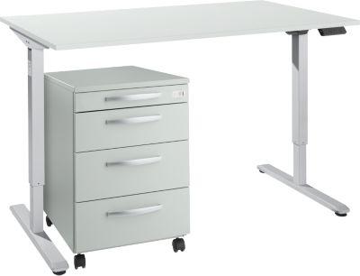 Schreibtisch, elektrisch höhenverstellbar, T-Fuß, H 755-1255 mm, lichtgrau/weißaluminium + Memorybedienpanel, Kabelkanal, Rollcontainer