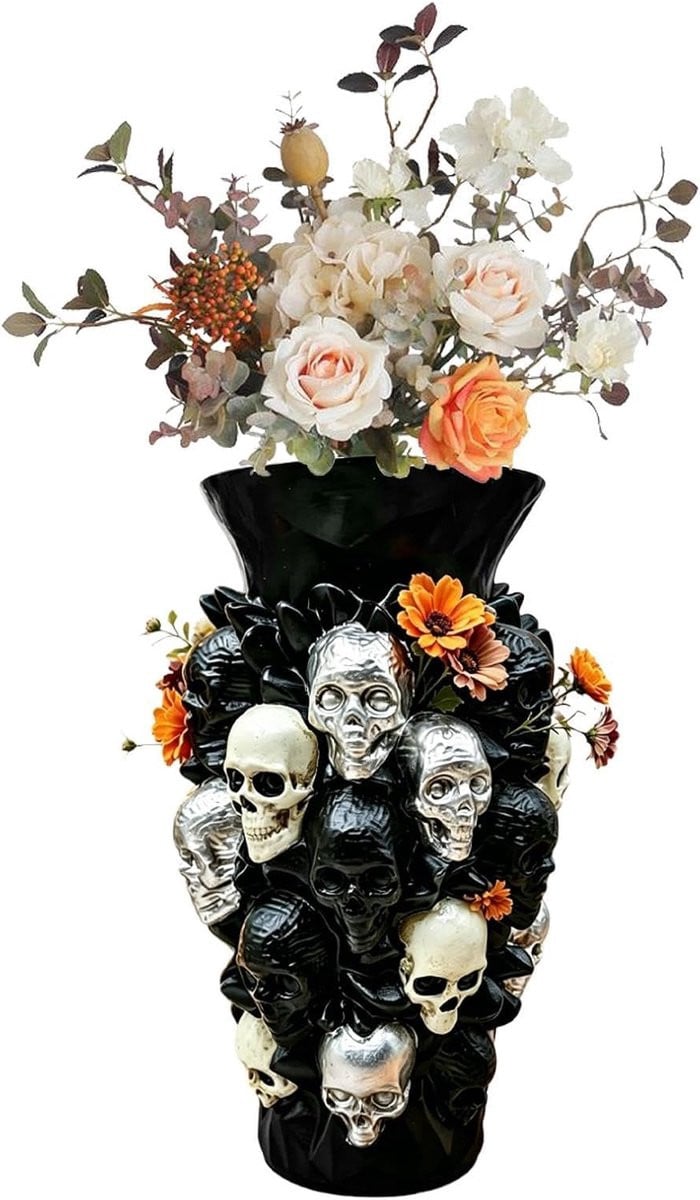 Zwarte Schedel Vaas van Hars voor Halloween Decoratie, Hoogte: 20,5 cm