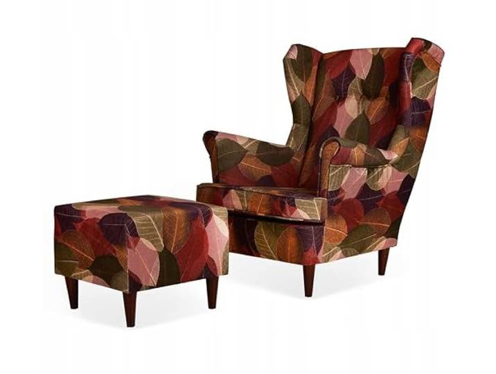 Family Meble Ohrensessel mit Hocker, Modell Print, Skandinavisch, Relaxsessel aus Webstoff, Loungesessel, Ohrensessel mit Hocker, Bequemer Sessel, Für Wohnzimmer, Esszimmer, Schlafzimmer, Laub 2