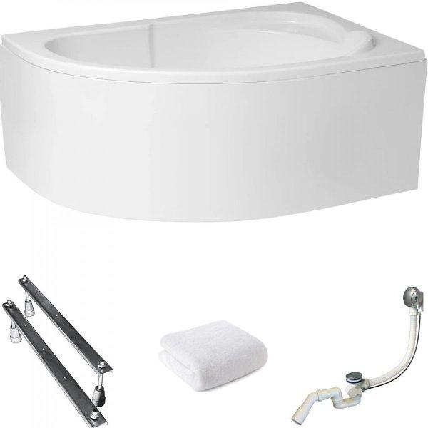 Aqua For You | Polimat Asymmetrische Badewanne - 130x85cm - Trapezform - mit Weiße Verkleidung - Chrom siphon - Acrylbadewanne - Rechts Seite