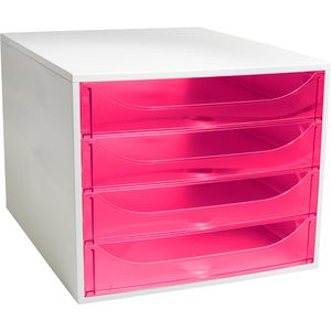 Exacompta Schubladenbox 228654D, Ecobox, A4, 4 Fächer, Kunststoff, offen, transluzent-himbeerfarben / grau