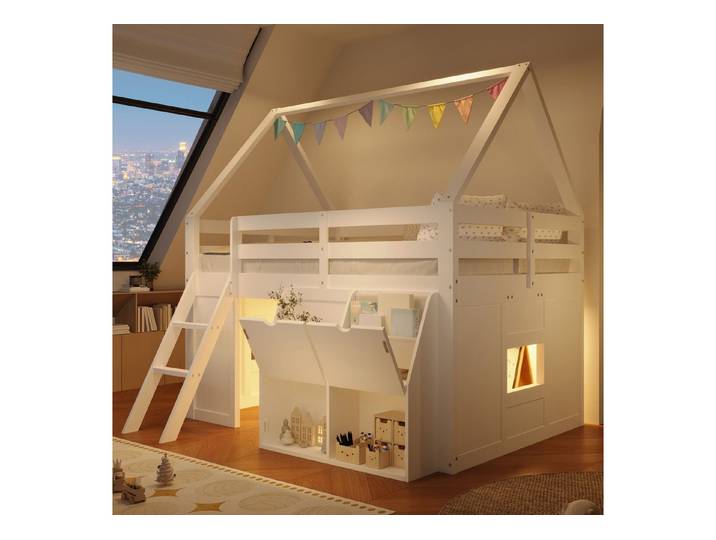 Odikalo Hochbett Kinderbett Bettgestell Hausform mit Treppe LED (140×200cm Aufbewahrungsboxen mit Klappdeckel und Stofftaschen Großzügige Stauraumlösung(ohne Matratze)