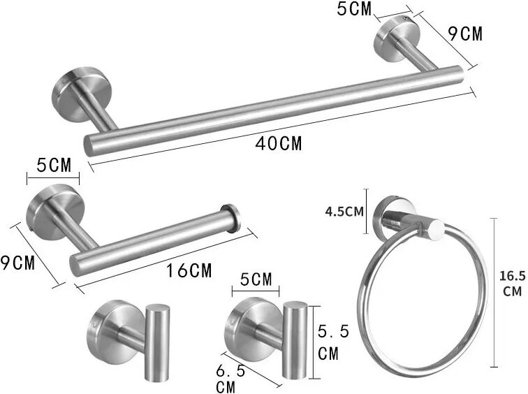 INF Edelstahl Bad Accessoires Set, 5-teilig, Bohren erforderlich Silber