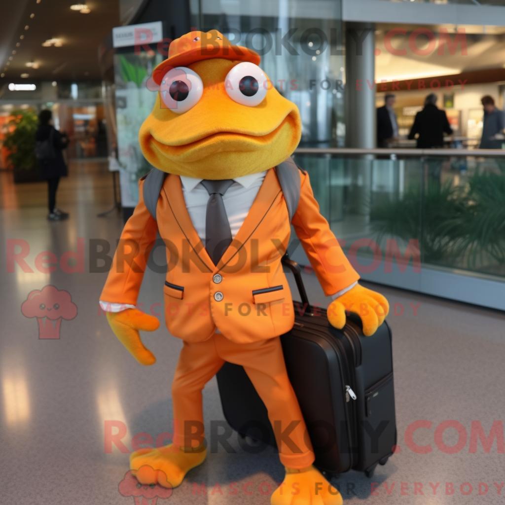 Maskottchen REDBROKOLY eines orangefarbenen Frosches mit Jacke und Aktentasche