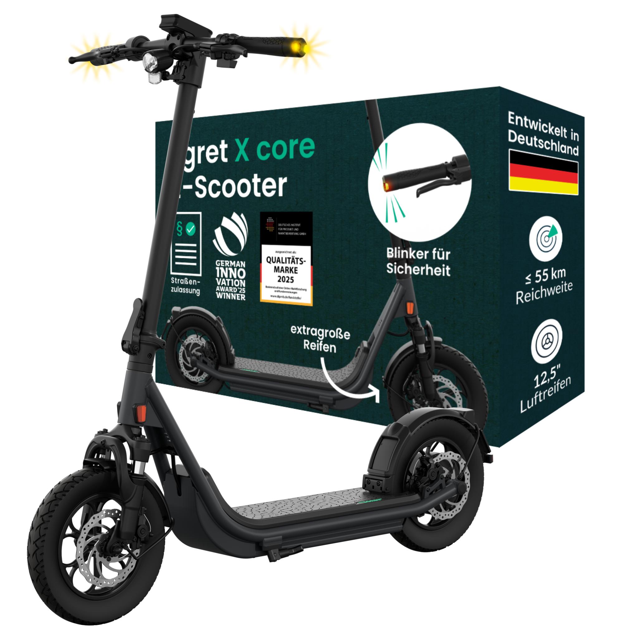 EGRET E-Scooter mit Straßenzulassung (ABE), 55 km Reichweite, 12,5" Offroad Luftreifen, Federung, Scheibenbremsen, Blinker, App - X core
