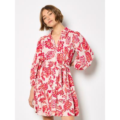 Minikleid APRICOT "Malerisches Sarasa-Minikleid mit Blumenmuster", Damen, Gr. XL (42), N-Gr, rosa (pink), gewebt, Obermaterial: 56% Leinen LI. 44% Viskose CV., V-Ausschnitt, Puffärmel Elastisch, Kleider Minikleid, mit Gürtel