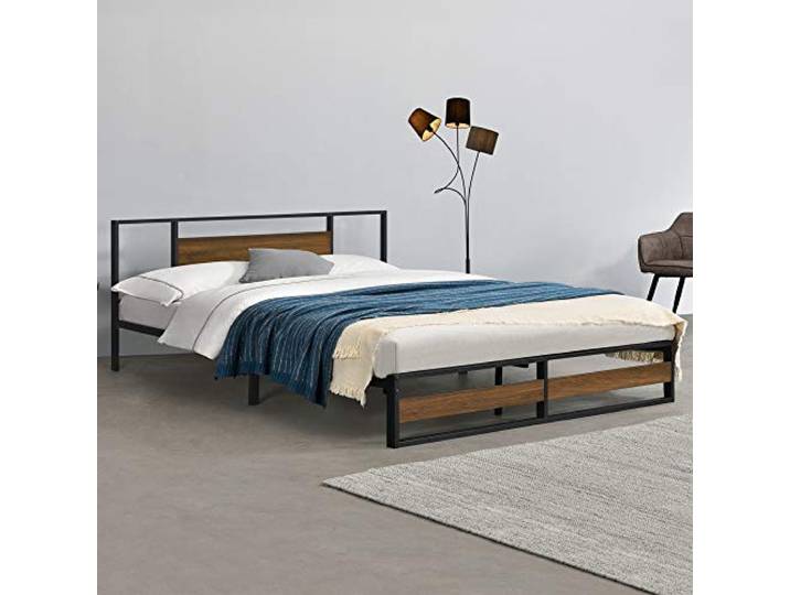 [en.casa] Metallbett Villach 180x200 cm Stahlrahmen Schwarz Spanplatte Walnuss-Optik Bettgestell
