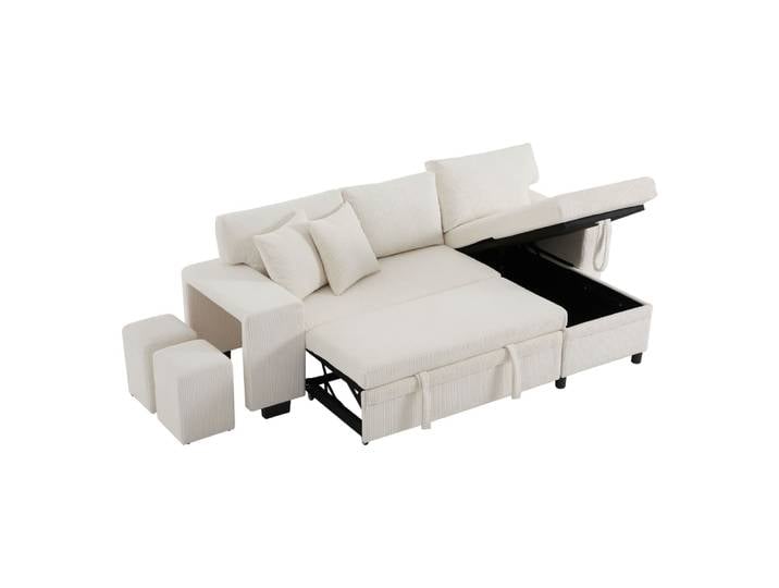 Canapé-lit d'angle en velours polyester côtelé beige