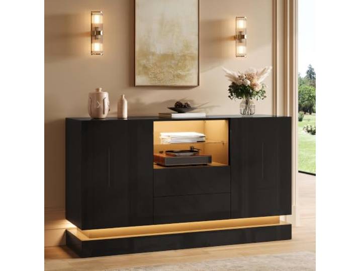 Sideboard mit LED-Beleuchtung, Anrichte, Wohnzimmerschrank, Aufbewahrungsschrank mit 2 Türen und 2 Schubladen, Hochglanz-Oberfläche, offenem Fach mit Glasboden, App-steuerbarem LED-Licht, Spanplatten