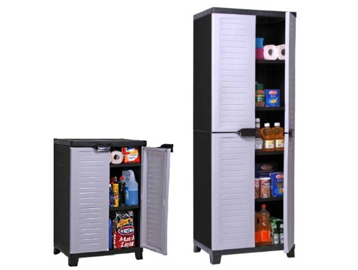 Kunststoffschrank-Set Elite: groß + mittel, verstellbare Einlegeböden Kombination aus hohem und mittlerem Schrank, je bis 20 kg belastbar, abschließbar für Haushalt und Garage
