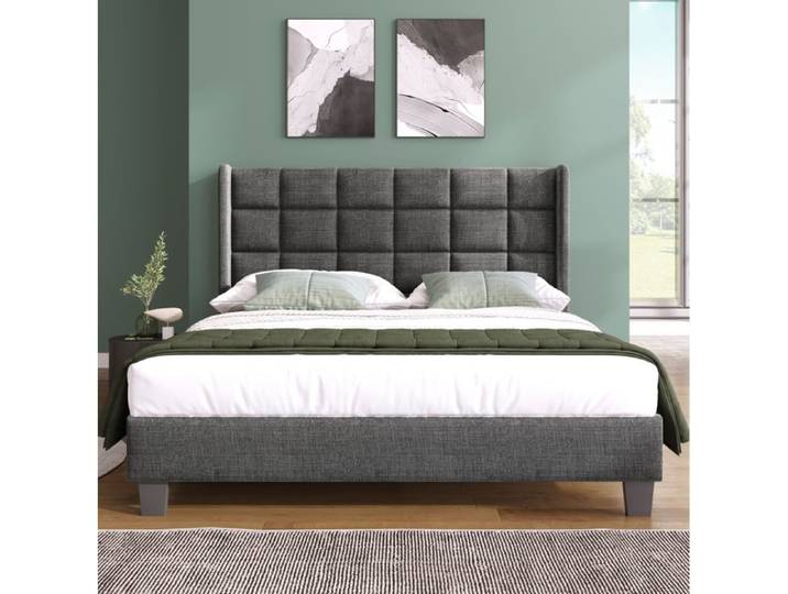ROVRYN Lit double rembourré 140 x 200 cm avec tête de lit haute sommier à lattes inclus tissu gris