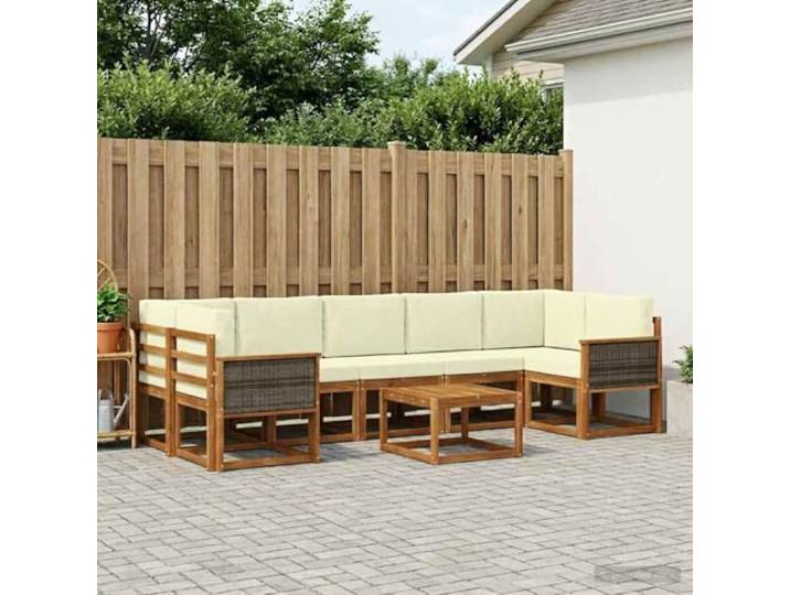 HFMDRMU Modulares Sofa-Set Garten Terrasse aus massivem Akazienholz, 6-teilig mit Kissen in Natur und Creme, wetterfestes Sitzgarnitur für Garten, Terrasse und Poolbereich