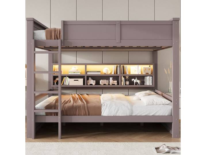 Lit superposé 160x200 cm avec rangements LED solide bois pin massif Marron
