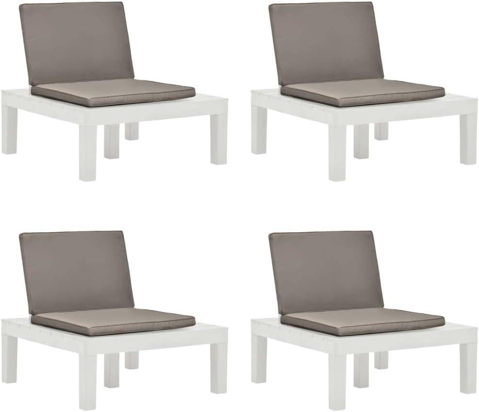 Set aus 4 Lounge-Sesseln mit dick gepolsterten Kissen aus weißem, wetterbeständigem und pflegeleichtem Kunststoff für Terrasse und Garten