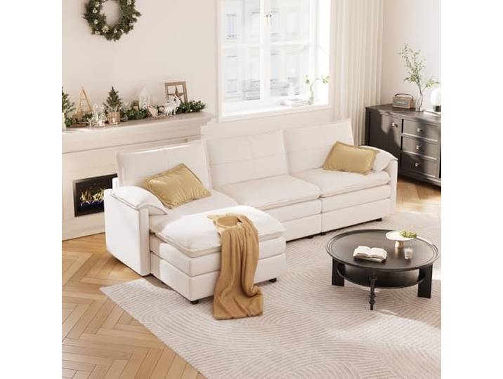 FLEXISPOT 4-Sitzer Sofa Sofabed L-förmiges Ecksofa mit Hocker & Stauraum, Modulares Sofa platzsparend für Wohnzimmer Weiß