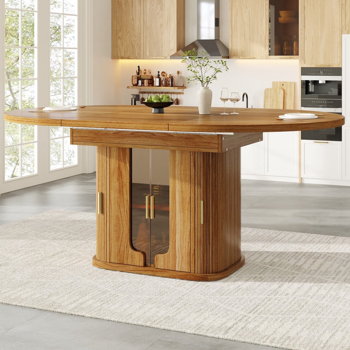 Sweiko Uitschuifbare Eettafel met Butterfly Leaf - Rond/Ovaal - Walnootafwerking - Bruin
