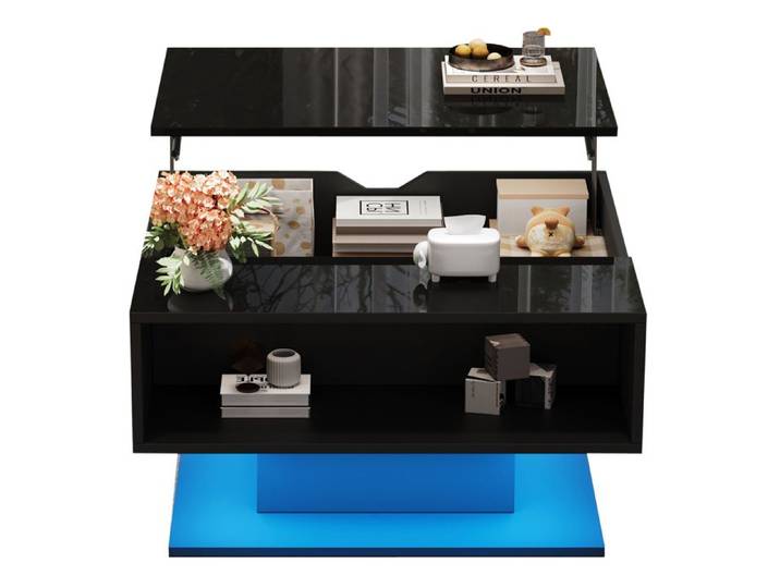 Table basse multifonction 80x75x40cm noir brillant avec plateau relevable hydraulique et rangement ouvert