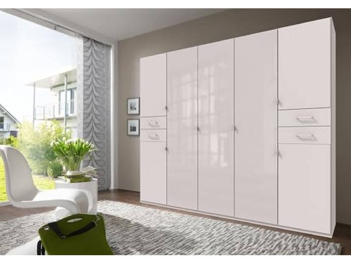 möbelando Drehtürenschrank >Danzig< in Weiss + Glas Weiss - 225x208x58cm (BxHxT)