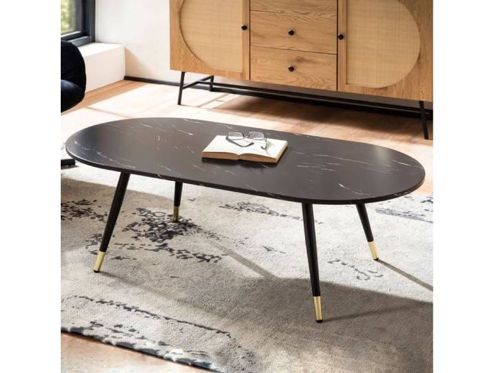 Table Basse - WOHNLING - Ovale - Aspect Marbre Noir - 120x60x41 5 cm - Design Moderne
