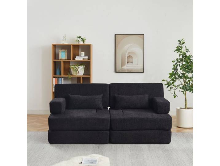 Canapé Lit Convertible 2 Places en Chenille Canapé 2 en 1 Pliable avec Lit d'Appoint Noir