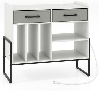 Costway Large Record Player Stand with Charging Station Mid Century Modern Vinyl Storage Cabinet-White