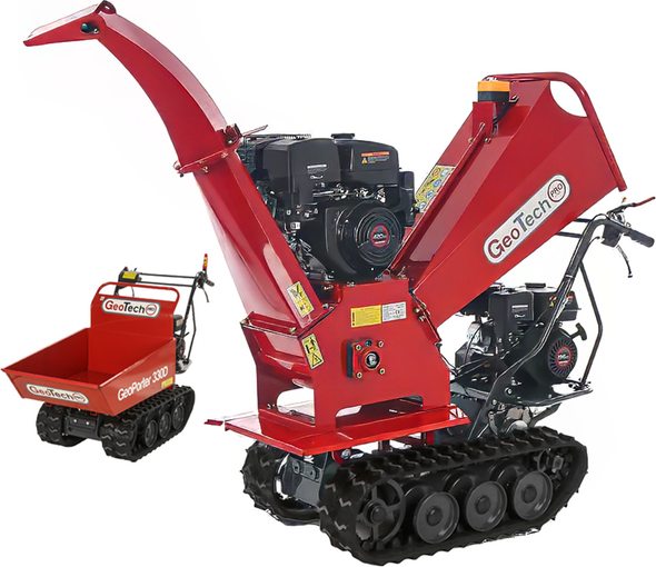 GeoTech Pro BMS 155 LE   2-in-1-Häcksler auf Raupenfahrwerk mit Dumpermulde  6 Laufrollen - Loncin Motor 15 PS - Dumper