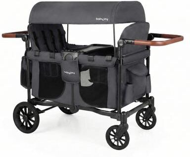 Costway Wagon Stroller for 4 Kids Foldable 4-Seater Push-Pull Toddler Stroller-Gray