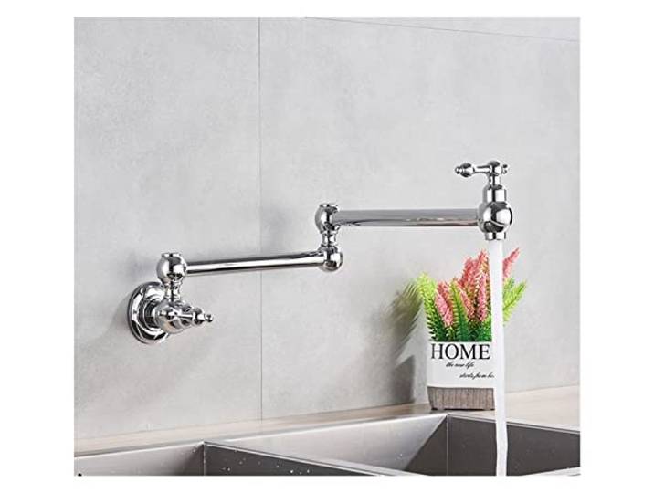 Drehhahn, Schwarz gedrehte Küchenspüle Kaltwasserhahn Wasserhahn aus massivem Messing Waschbecken Schwenkarmaturen Wandmontage Topffüller(Chrome Polish C)