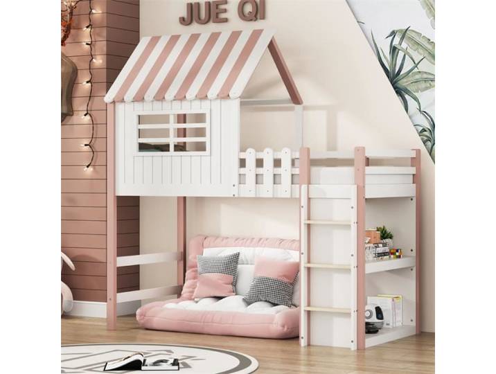 Lit mezzanine - DREAMMESPACE - 90x200cm - Bois massif - Couleur rose - Échelle de sécurité
