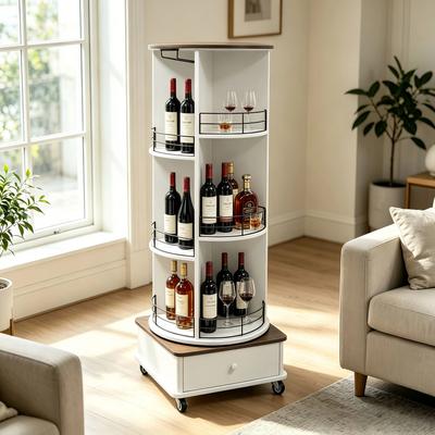 GREATPLANINC Retro Corner Wine Bar Cabinet 360°Rotating Wine Tower