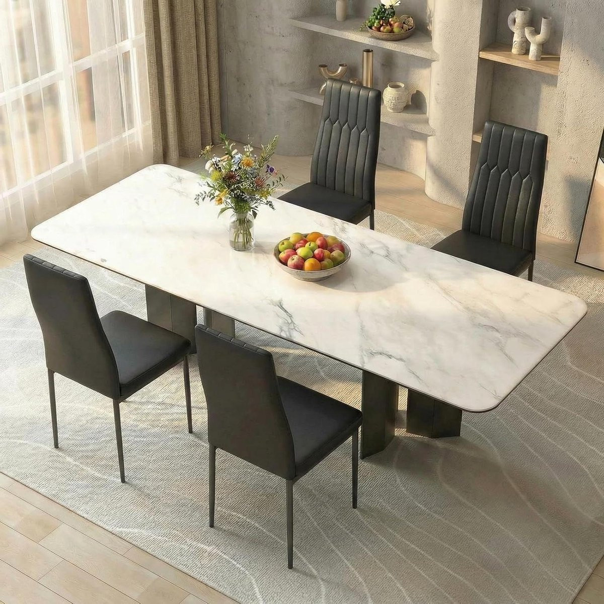 Set van 4 Eetkamerstoelen - Gestoffeerd Waterproof Kunstleer - Zwart