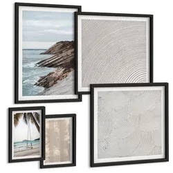 BILDER SET 5er Set - 50x50 cm & 20x30 cm & 40x60 cm Schwarzer Rahmen - Sommerlicher Sandstrand mit Meerblick