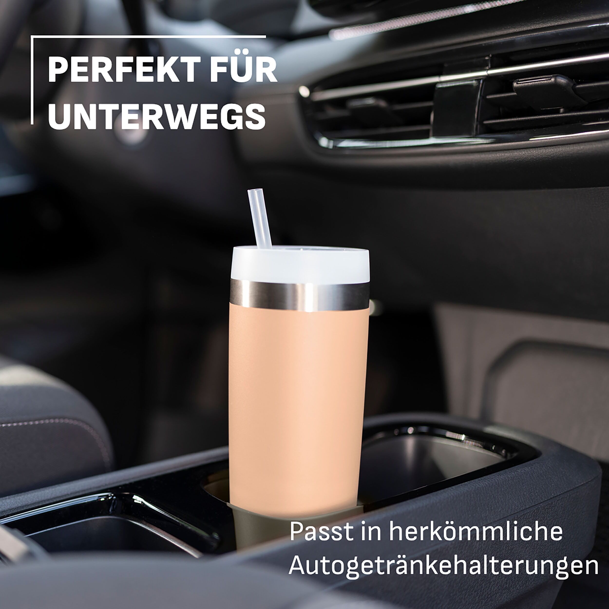 Trinkflasche EMSA "Travel Mug Cool³", aprikose, H:25,47cm, Edelstahl, Polypropylen (PP), Trinkflaschen, Trinkflasche, integrierter Strohhalm, 0,5 L, 12 h kühl (mit Eiswürfeln bis zu 24 h)