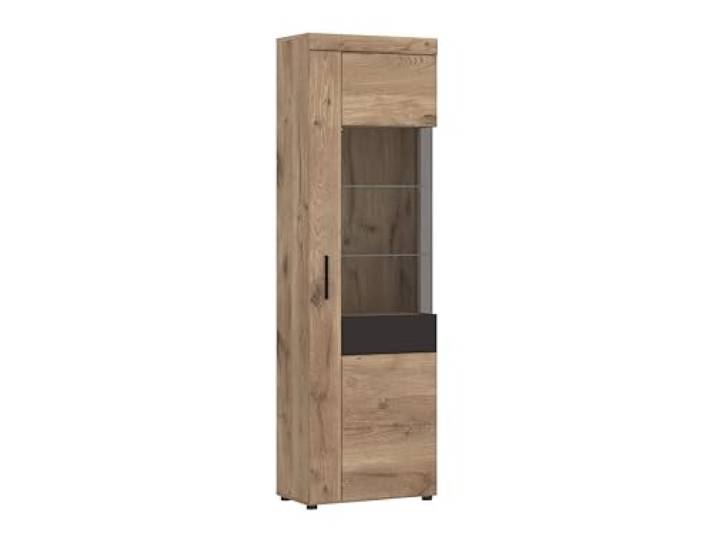 möbelando Glasvitrine >Grano< in Viking Eiche Dekor/Kosmos Grau - 58x195x37,4 (BxHxT)