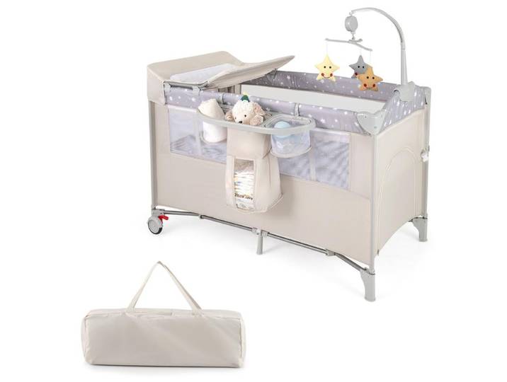 Matelas 5 en 1, lit de voyage pliant avec matelas, lit bébé 2 niveaux avec roulettes, beige