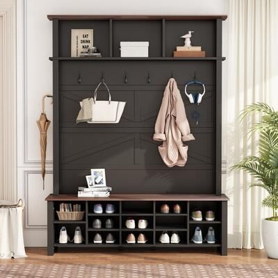 toswini Farmhouse Hall Tree with 6 Hooks and 16 Compartments for Entryway