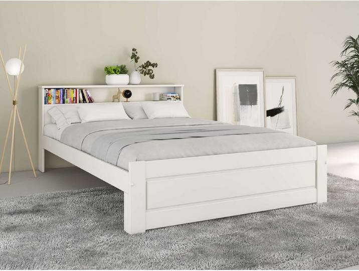 OTTO home Massivholzbett FLAVION, Jugendbett, Stauraum, FSC® zertifizierte Kiefer (Breite: 90, 140, 180), Qualitätsprodukt, Regal, Kassettenoptik, Schublade optional