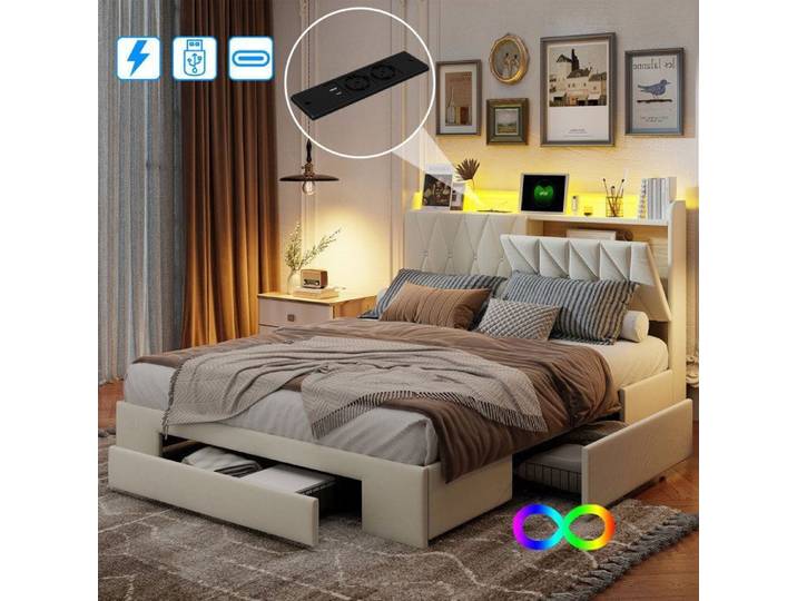 Lit Double 140x200 - SOMUBI - Beige - LED + USB - 3 Tiroirs - Tête de Lit Rangement