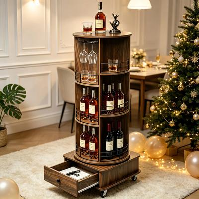 GREATPLANINC Retro Corner Wine Bar Cabinet 360°Rotating Wine Tower