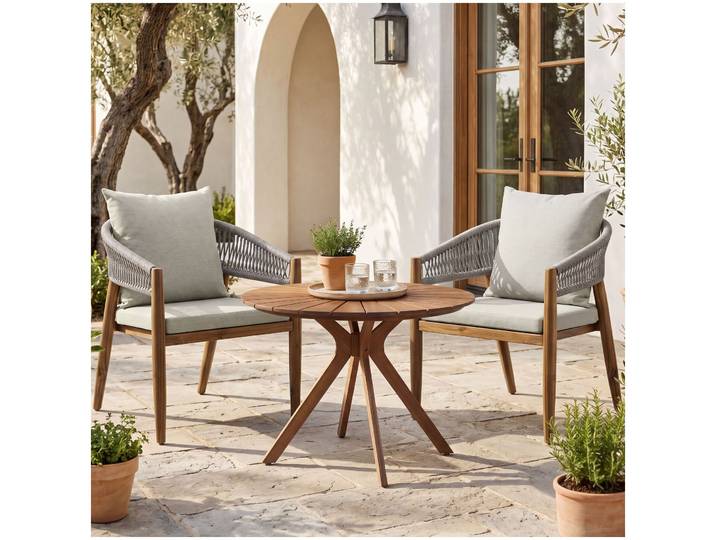 Gartenset aus Tisch mit 2 Stühlen, wetterfest, Akazienholz - greige