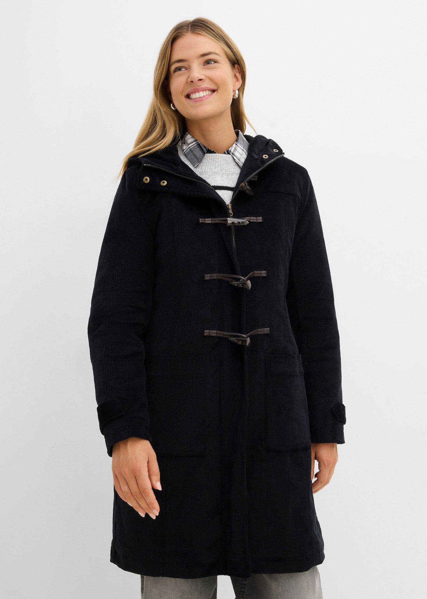 bonprix Gefütterter Cord-Dufflecoat, schwarz, Gr.38, Gefütterter Cord-Dufflecoat mit Kapuze und Knebelknöpfen, aus Cord
