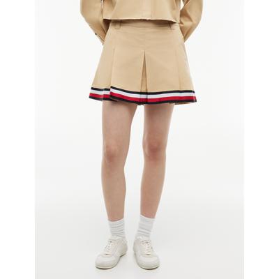 Minirock TOMMY JEANS "TJW RWB TAPE MINI SKIRT", Damen, Gr. 33, beige (gentle gold), Web, Obermaterial: 100% Baumwolle, unifarben mit Farbeinsatz, kurz, Röcke Minirock, Baumwolle