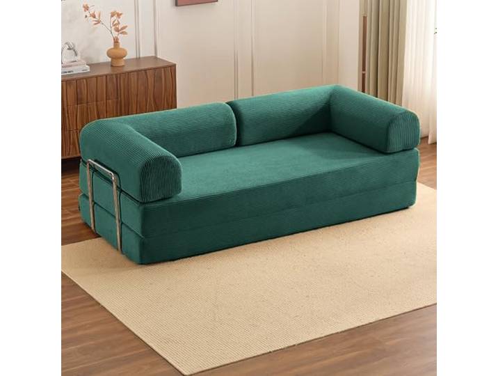 WENMEE Umwandelbares Schlafsofa, 87-Zoll-Bodensofa, Modulare Futon-Couch Mit Zylindrischem Kissen, Für Wohnzimmer, Schlafzimmer, Lounge(Green,200x100x70cm)