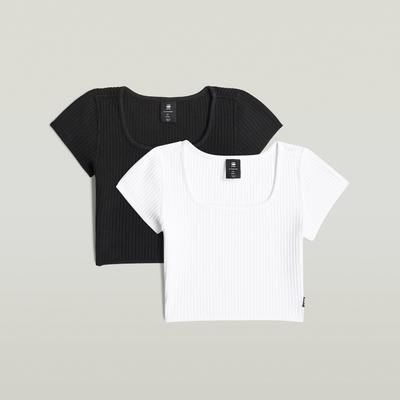 T-Shirt G-STAR "KIDS, SOUTH TEE SS 2-PACK G", Mädchen, Gr. 16 (164), schwarz-weiß (weiß, dk schwarz), Rippstrick, Obermaterial: 100% Baumwolle, unifarben, slim fit bauchfrei, eckiger Ausschnitt, Shirts T-Shirt, in gerippter Struktur, bauchfrei