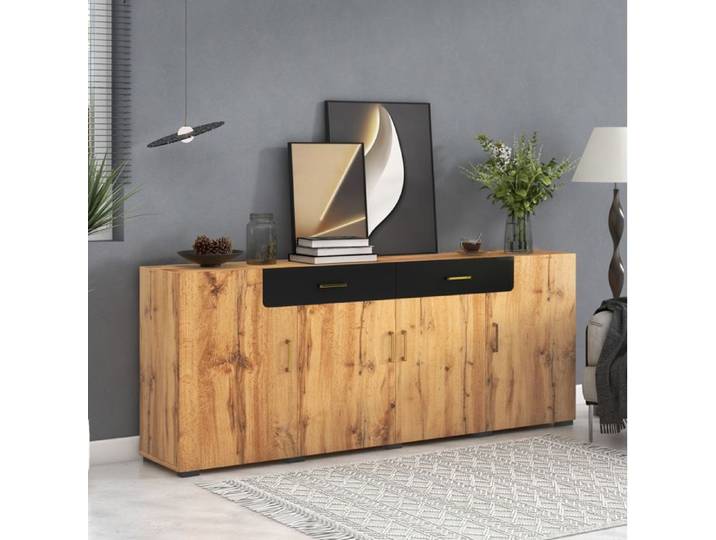 Modenuit Buffet bas 208 x 39 5 x 80 cm 4 portes 2 tiroirs décor chêne et noir
