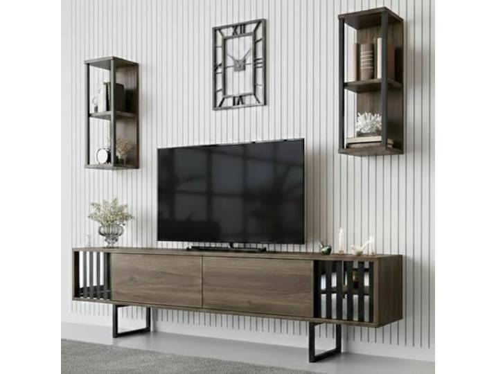 Dmora - Fernsehschrank Ananke, Ständer für Wohnzimmerfernseher, Niedriges Wohnzimmer-Sideboard, TV-Ständerbasis, 180x30h48 cm, Walnuss und Schwarz